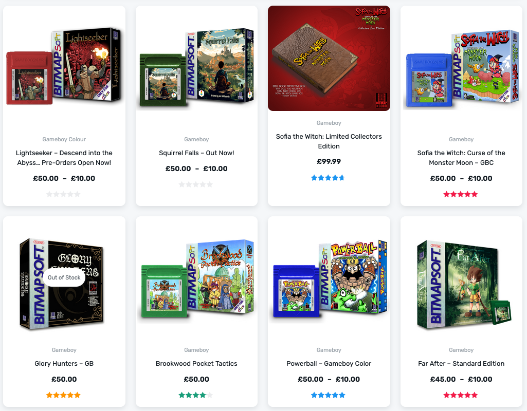 Página de um site com fotos de caixas de jogos de game boy ao lado de seus cartuchos.