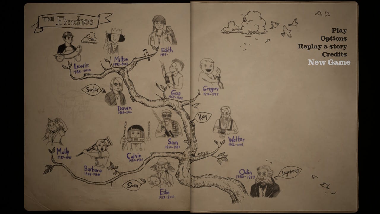 Imagem do menu de pausa e de abertura do jogo, onde vemos um caderno não pautado, aberto, com o desenho de uma árvore em cujos galhos estão os nomes e ilustrações de membros da família finch.