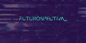 Logo do Futurospectiva. A palavra escrita em verde claro, com algumas letras faltando pedaços, sobre um fundo azul e roxo.